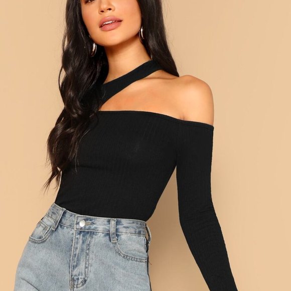 Monarch Fashion Tops - Black Cutout Neck Ribbed T-shirt